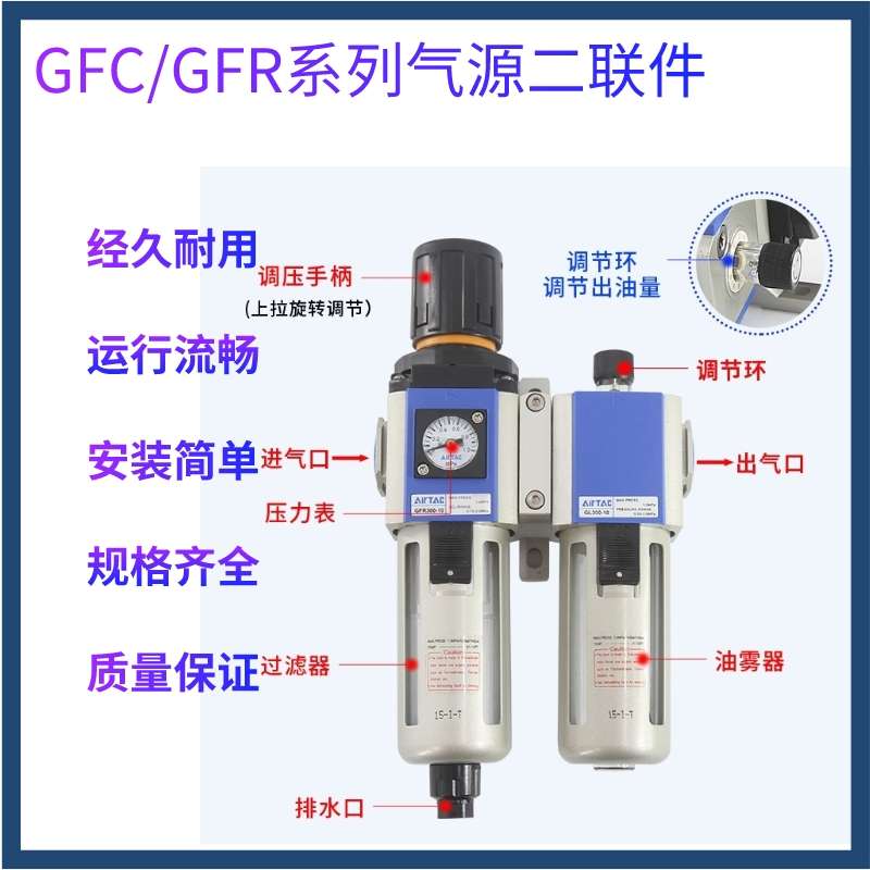 亚德客二联件油水分离器GFC/GFR200/300/400气源调压阀调压过滤器