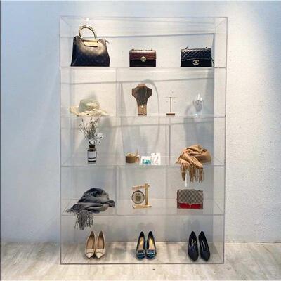 高端彩色透明亚克力展示柜定制带灯服装鞋包店上墙落地陈列货架台