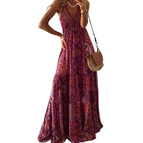 V-neck strappy boho print dress夏季V领吊带波西米亚印花连衣裙