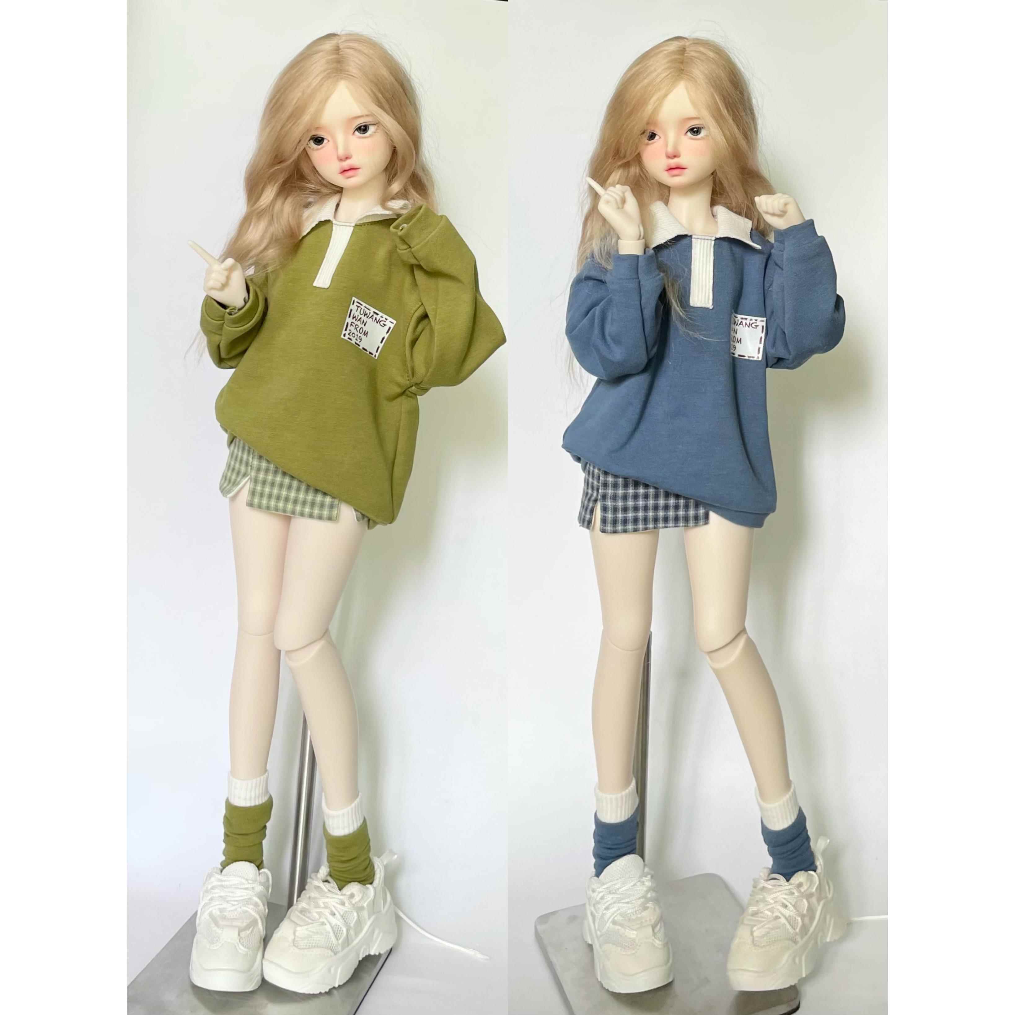 bjd 1/4分四分娃衣 娃衣翻领卫衣 格子开衩短裙 拼色袜子