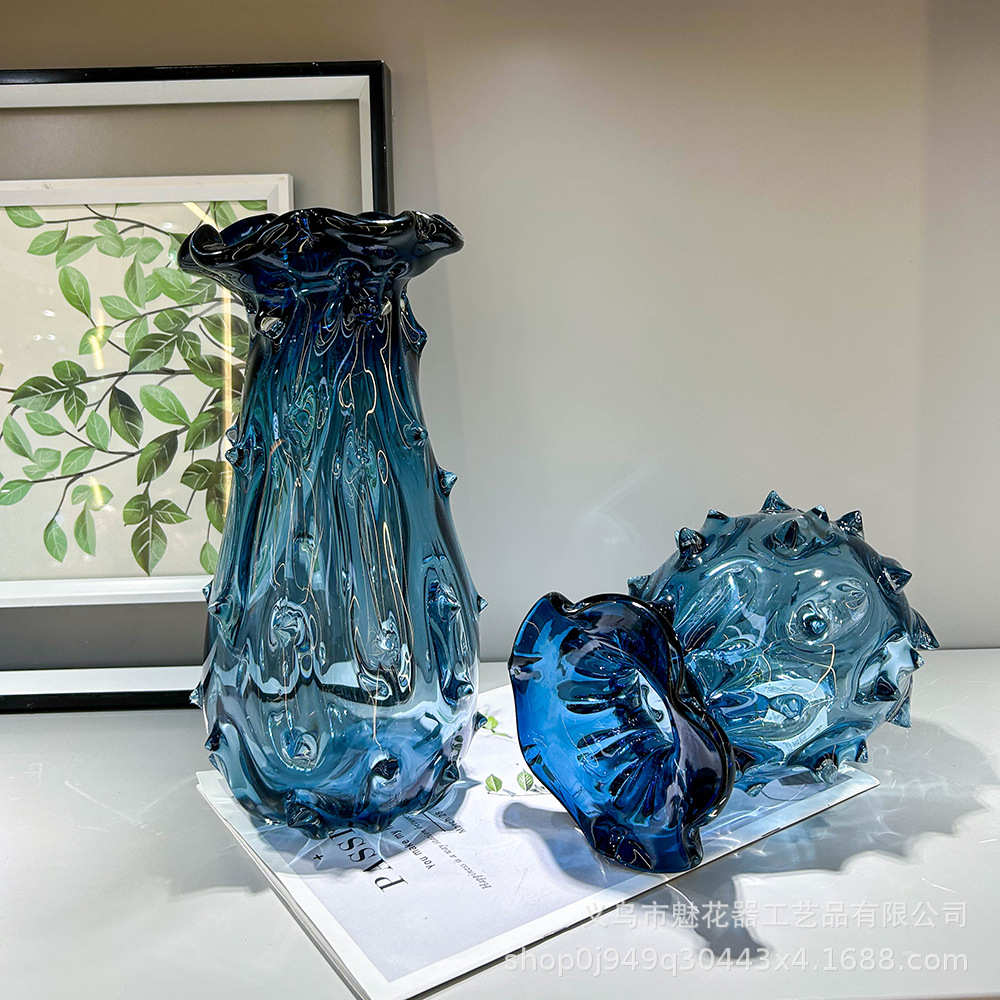 轻奢简约艺术琉璃花瓶餐桌蓝色插花器玄关创意克莱因蓝色装饰摆件