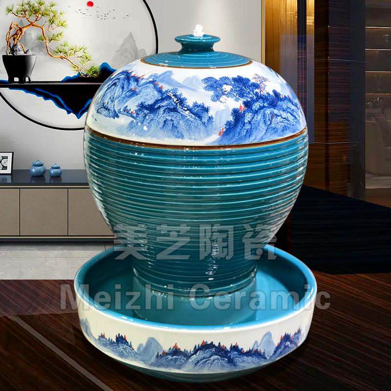 客厅手绘山水喷泉陶罐桌面流水摆件循环水景观花瓶加湿器乔迁礼品