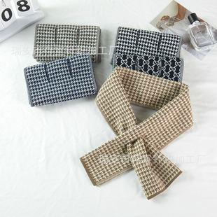 秋冬领巾护颈单色千鸟格围巾保暖针织交叉巾短款小围脖男新款热卖