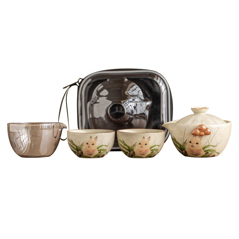 极素汝窑萌兔便携式茶具套装家用陶瓷泡茶壶茶杯旅行茶具一壶二杯