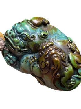 A古玩复古包浆五帝铜钱配饰绿松石刻龙龟手把件貔貅山水龙手抓件