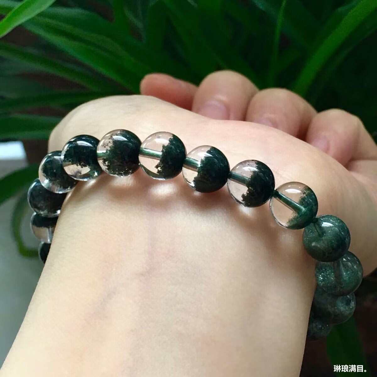天然巴西水晶手链绿幽灵手链半盆男女款绿幽灵手串单圈圆珠手链男