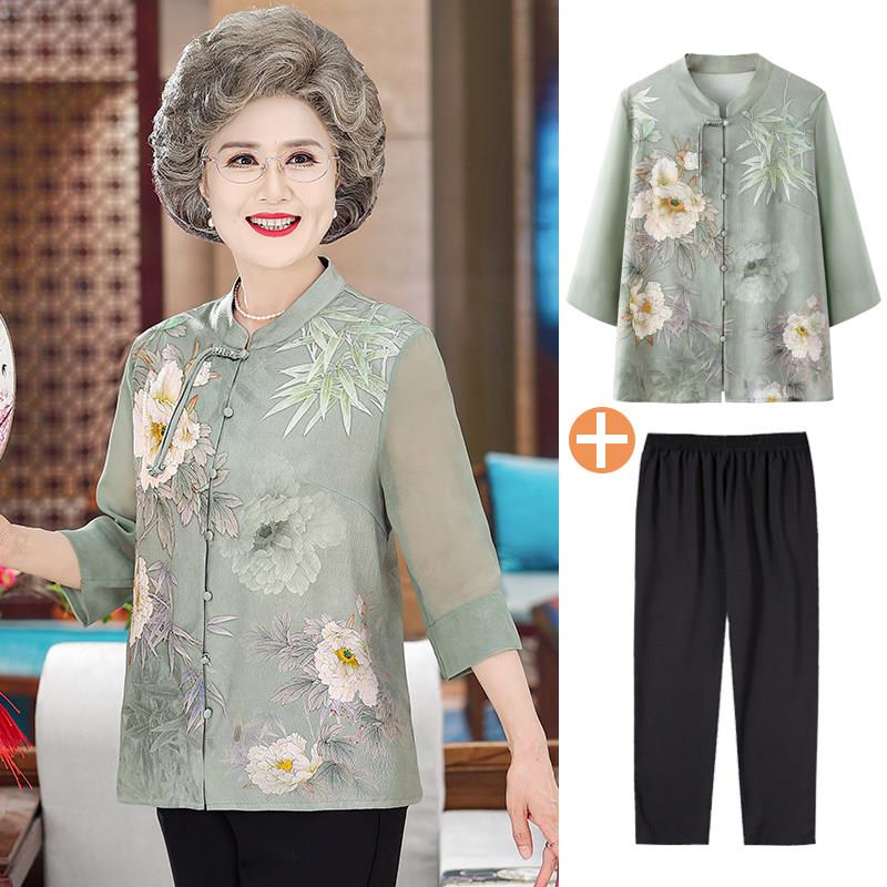 桑蚕丝奶奶装五分袖衬衫老年人夏装女真丝上衣服70岁80妈妈太太套