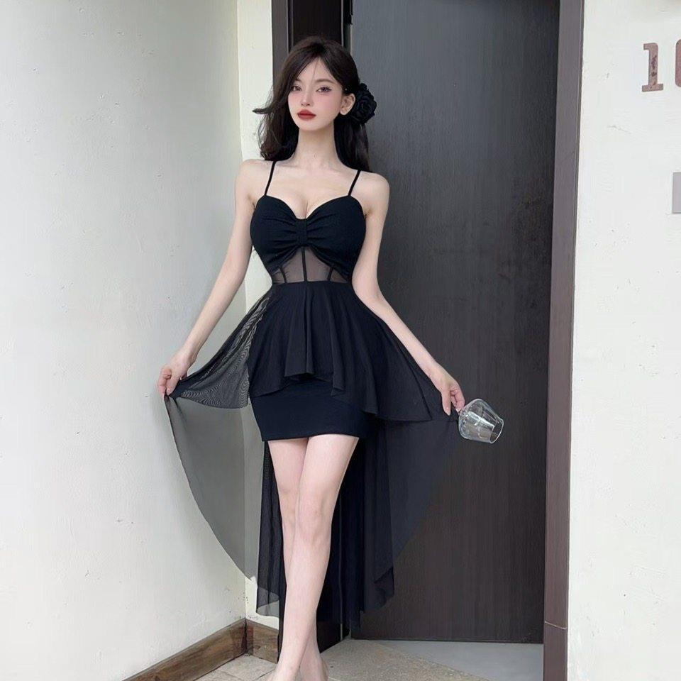 性感低胸吊带不规则网纱连衣裙女夜店足浴按摩桑拿技师会所工作服
