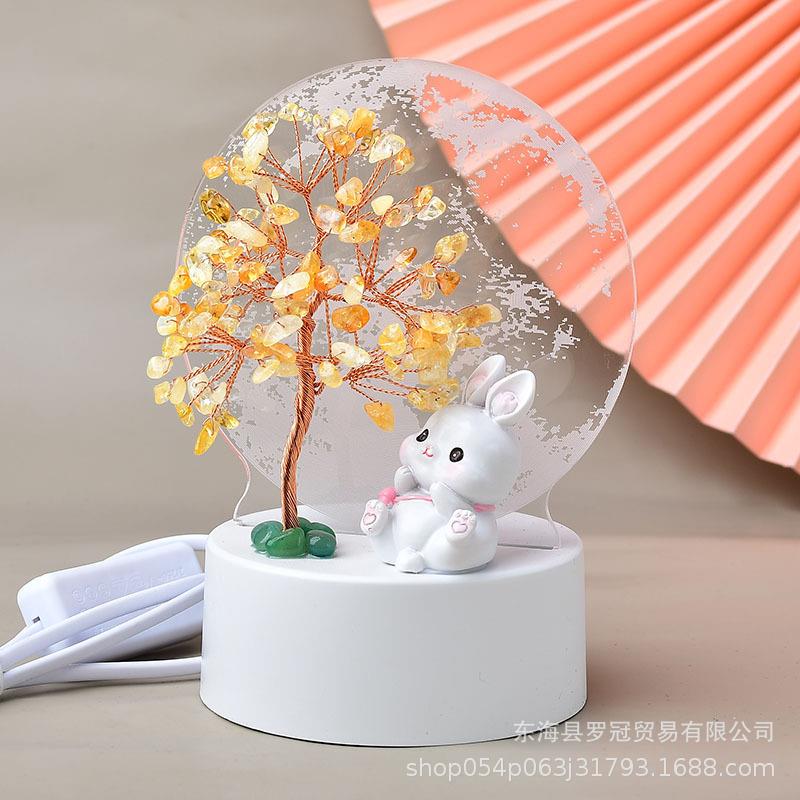 天然水晶碎石铜线发财树 小台灯装饰摆件工艺品水晶碎石发财树