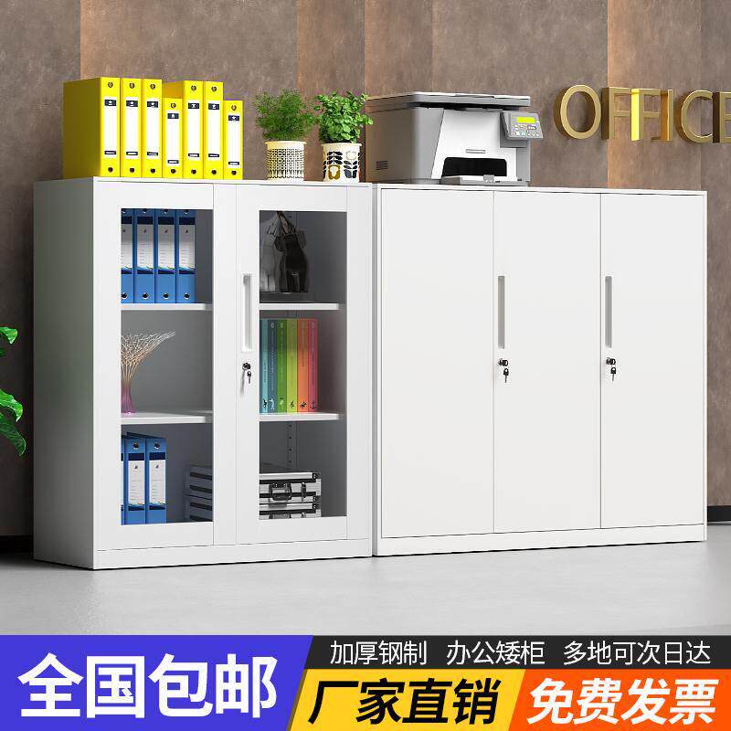 白色铁皮文件柜办公室档案柜资料收纳柜桌边矮柜玻璃拉门带锁柜子图片