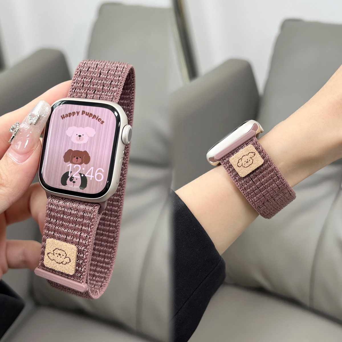 可爱小狗烟紫色回环适用苹果手表iwatch9表带applewatch8运动弹力