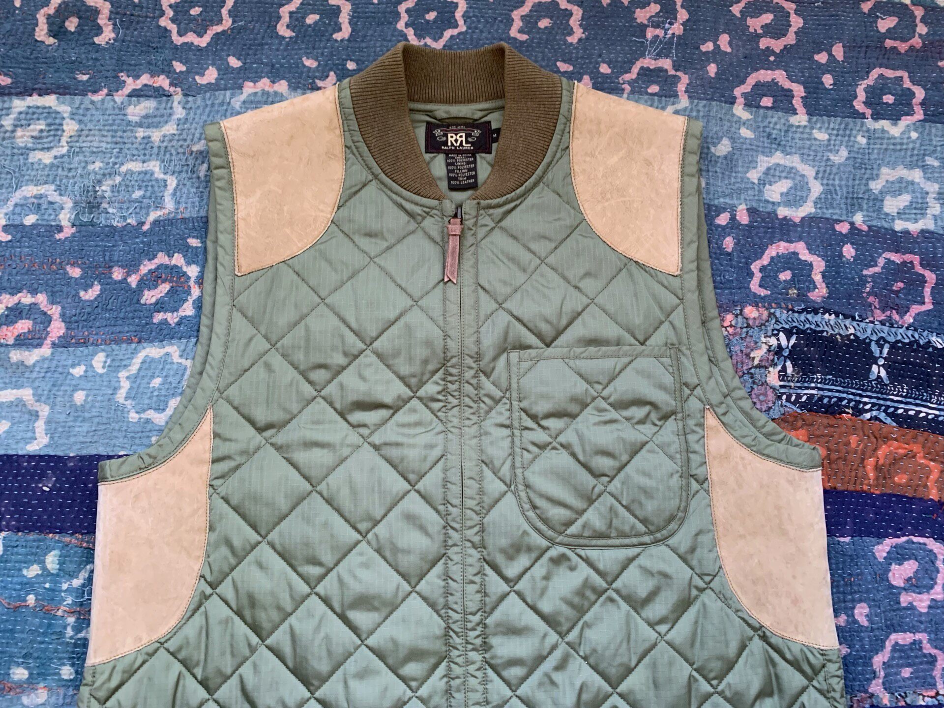 RRL Green Diamond-Quilted Leather Patch Vest — back