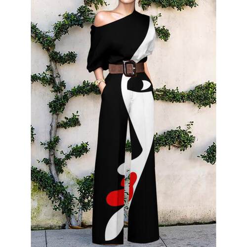 Printed single shoulder holiday high waisted jumpsuit for