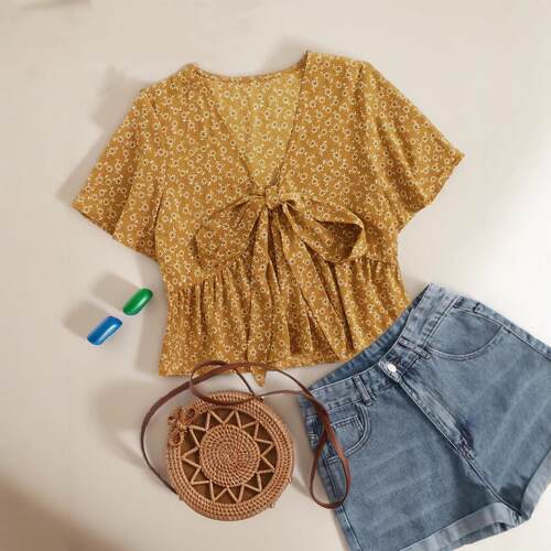 Women's Ditsy Floral Print Tie-Front Blouse  Elegant Style