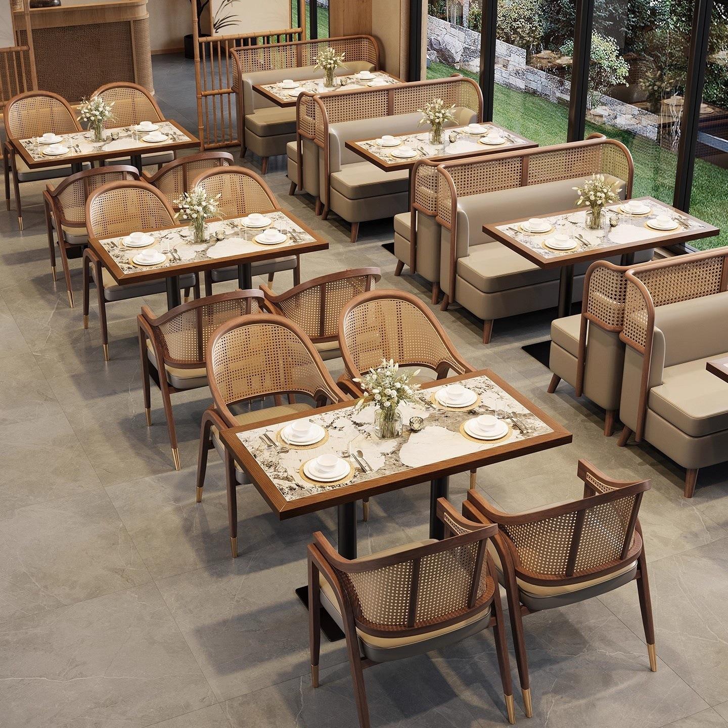茶楼酒店卡座沙发中式主题餐厅饭店湘菜火锅店茶餐厅藤编实木桌椅