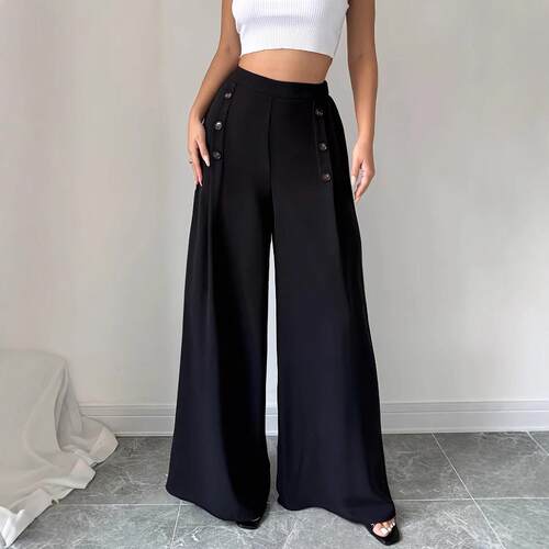 These are women's high-waisted wide-leg pants with button