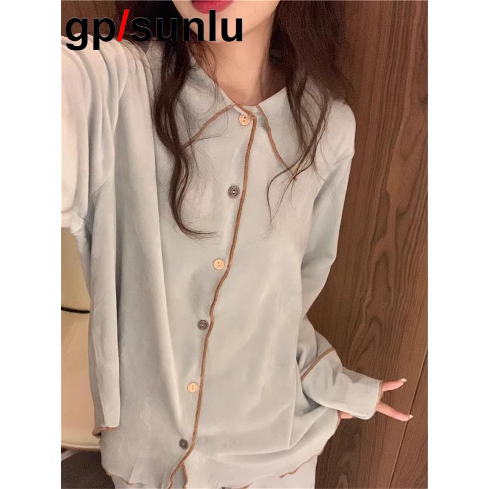 日本GP珊瑚绒睡衣女秋冬季撞色翻领高级感纯色简约薄绒家居服套装