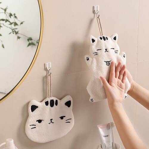 Coral fleece hand towel with cute cat design, suitable for u