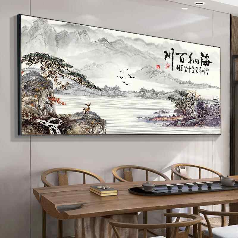 深圳大123油画村芬客厅挂画发背景墙气壁画字画新中式大山水装饰