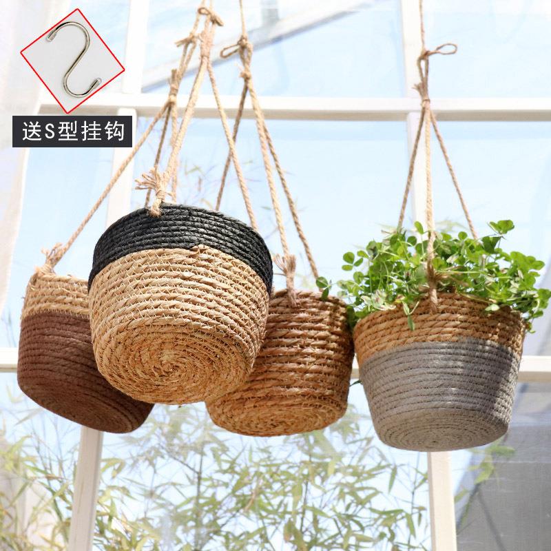 北欧风藤编花篮吊篮吊盆绿萝花盆麻绳垂吊悬挂壁挂草编篮田园风