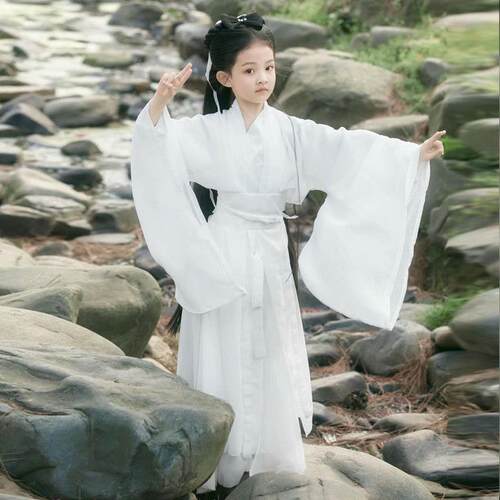 宝宝女童汉服夏季改良古风童装儿童古装演出服魏晋风仙侠白色套装