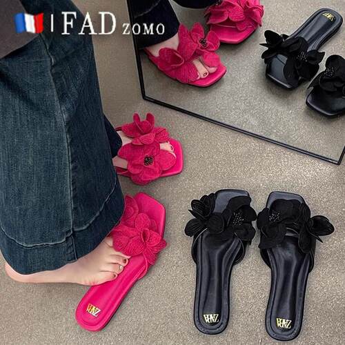 法国Fad Zomo法式覆古方头露趾拖鞋女外穿春季一字带花朵装饰凉拖