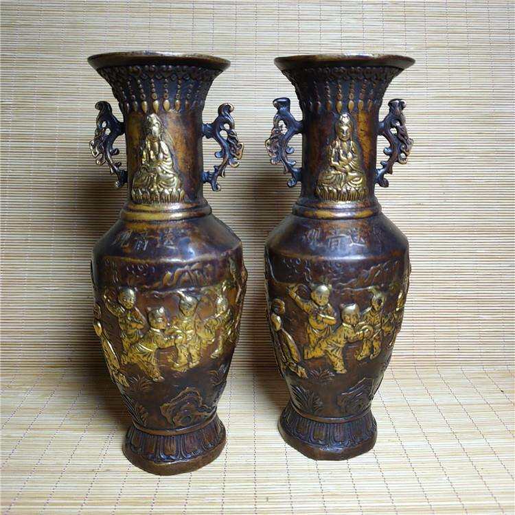 古玩杂项仿古做旧铜花瓶童子花瓶一对家居办公工艺品风花瓶摆件