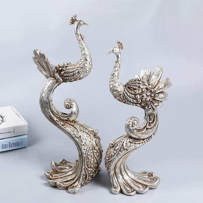 欧式复古古银色孔雀情侣摆件工艺品树脂雕塑桌面装饰品