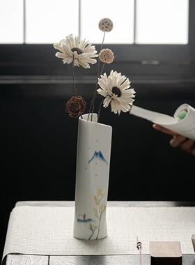 中式复古书卷型花插手绘青花陶瓷花器茶室摆件花道家用小花瓶瓷瓶