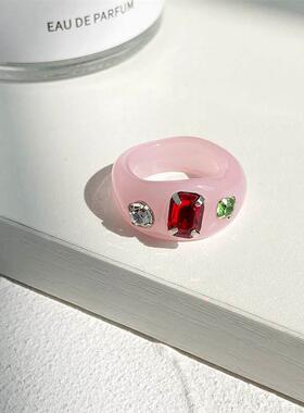 Jelly diamond ring rings women 果冻色树脂亚克力镶钻戒指女
