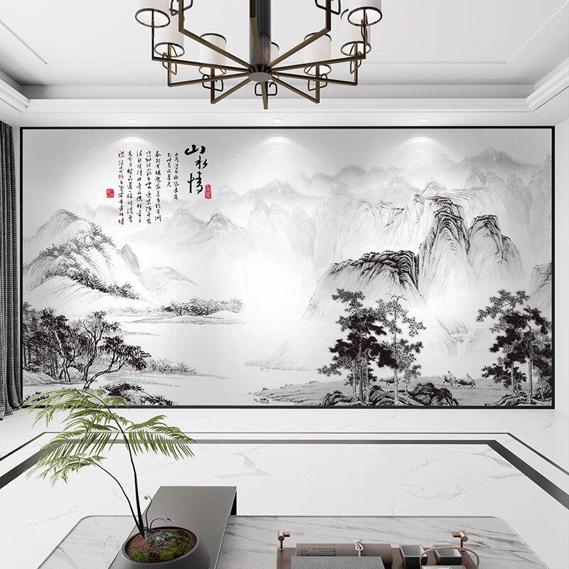 新款中式水墨山水电视背景墙板古典阁楼办公室茶室书房碳晶护墙板