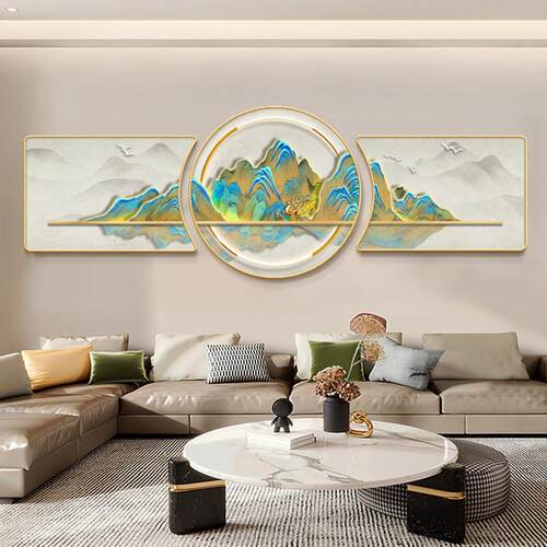千里江山图现代轻奢客厅装饰挂画 画高级感沙发背景墙三联画 画山