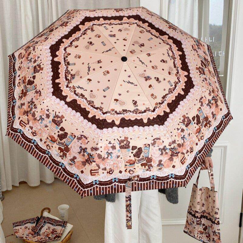 奶咖小猫咪弯钩遮阳雨伞晴雨两用可携式黑胶防晒抗UV遮阳伞可爱