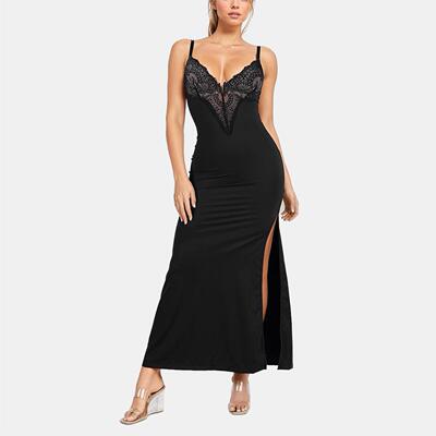 Strap lace dress, black long skirt, dress with built-in