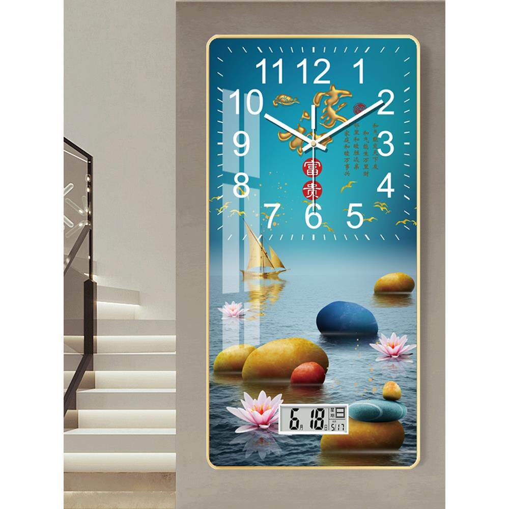 新款挂钟客厅万年历现代简约免打孔静音时钟中国风挂墙电子钟表