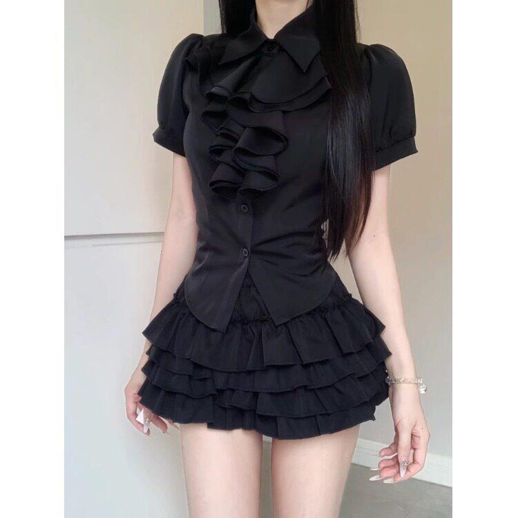 新中式宫廷风减龄职业套装足浴采耳美容院工作服黑色衬衫女蓬蓬裙