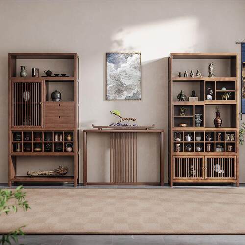 新中式博古架禅意茶桌搭配茶具展示柜办公室家具多宝阁隔断置物架