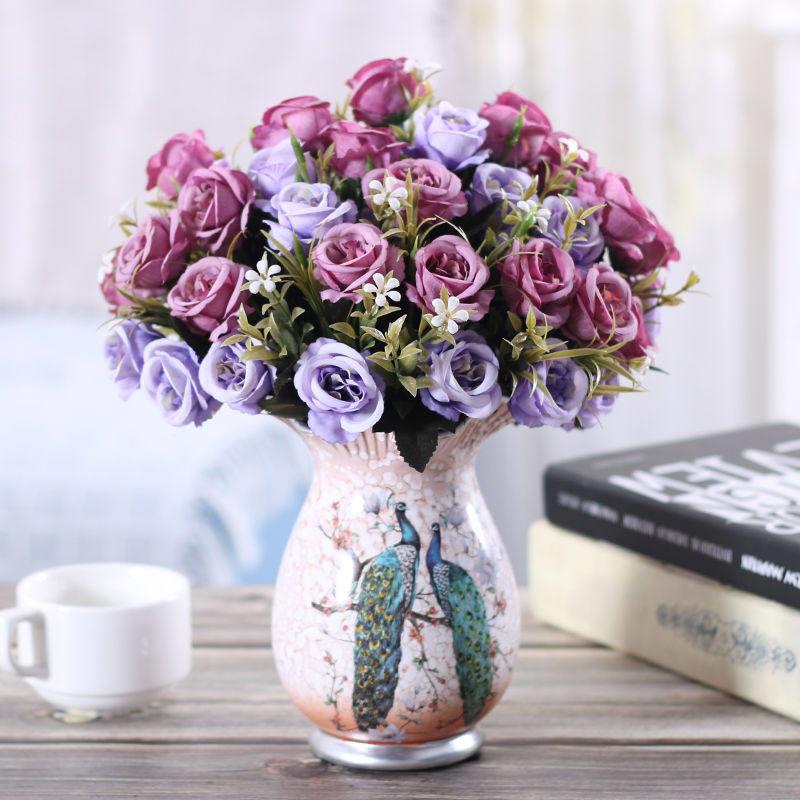 塑料花绢花玫瑰花家居摆设客厅欧式假花彷真花茶几摆件套装装饰品