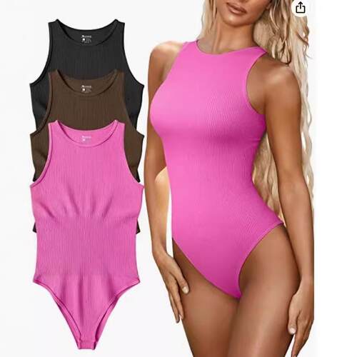 Solid Color Ribbed Bodysuit Casual Sleeveless Round Neck