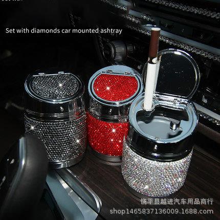 汽车烟灰缸镶钻多功能带盖满钻车载烟灰缸创意金属车用装饰品