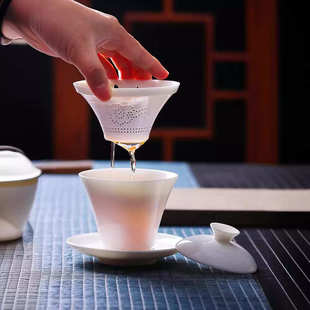 高档羊脂玉旅行茶具个人杯带过滤盖碗家用泡茶器商务简约户外茶具