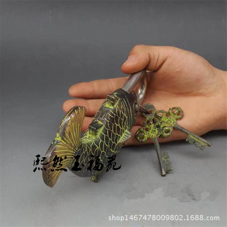 仿古纯铜锁鱼锁摆件 古玩铜器杂项 箱子锁装饰工艺收藏品艺术品