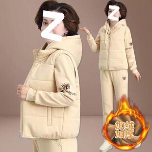 妈妈秋冬马甲三件套中老年加绒加厚运动服套装女防寒冬装外套新款
