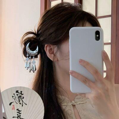 汉服头饰苗银色发夹月牙流苏仙女步摇钗古风超仙古装配饰发簪