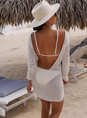 Solid color perspective backless dress纯色透视露背连衣裙罩衫
