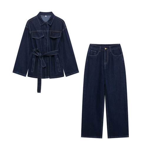 Women's Strap Denim Jacket Straight leg Jeans Set