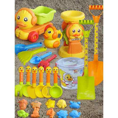 儿童卡通塑料沙滩玩具车挖沙铲和桶玩沙子工具套装沙漏池水壶海边