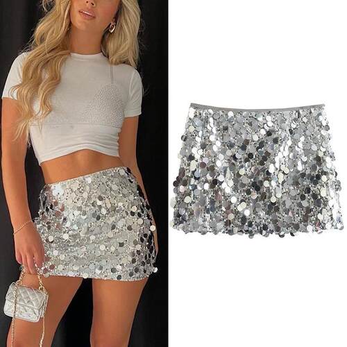 Womens Sparkly Sequin Mini Skirt Mid RiseFit Bodycon Short