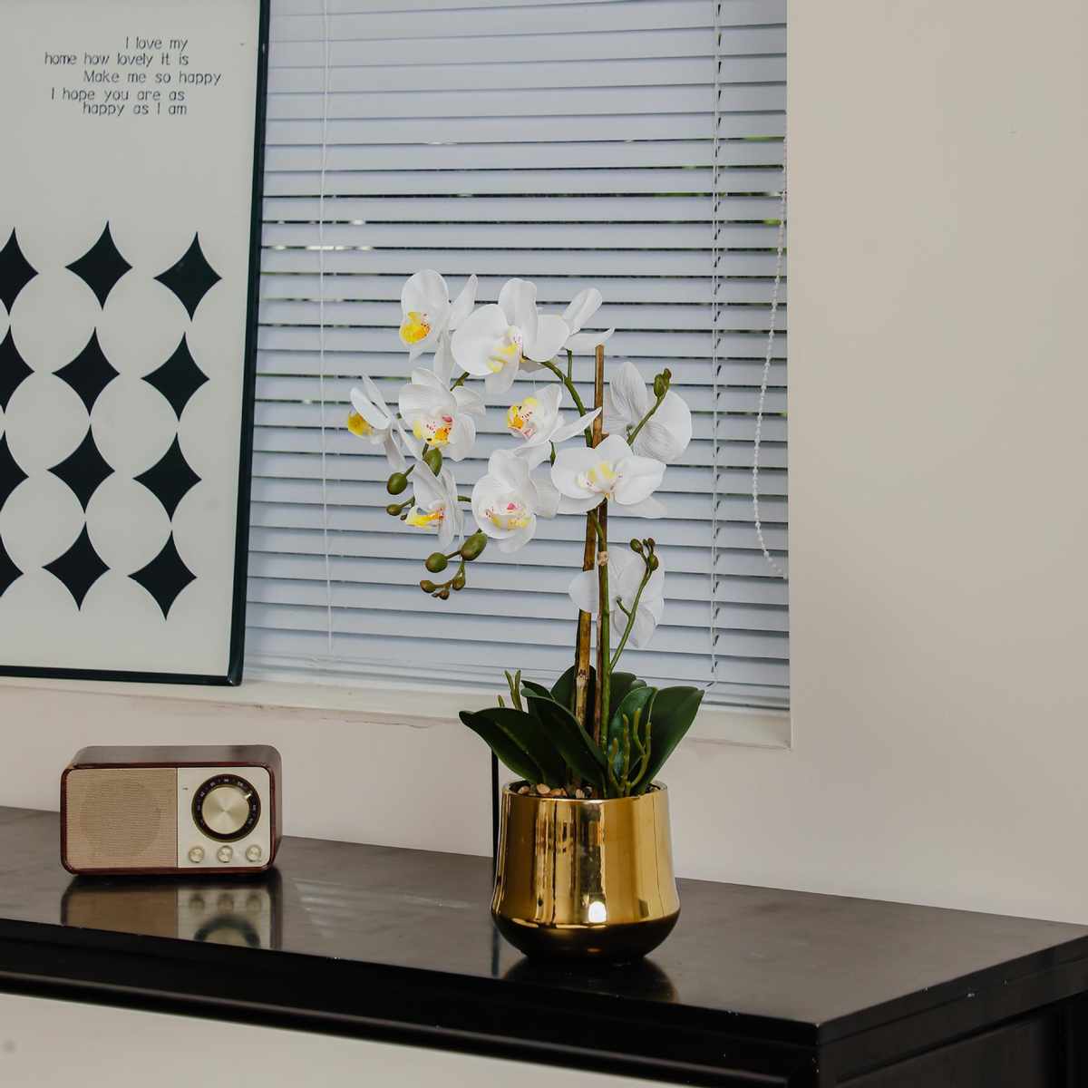 蝴蝶兰盆栽仿真花兰花单朵带盆花头带苞桌面陶瓷花盆假花头懒人盆