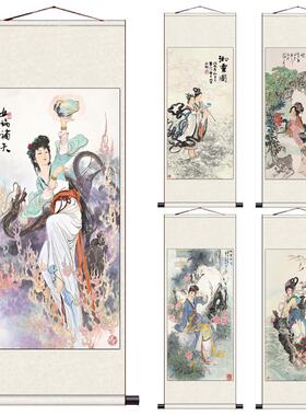 仕女图丝绸画绢画 客厅装饰画人物挂画布艺装饰玄关挂画飞天女